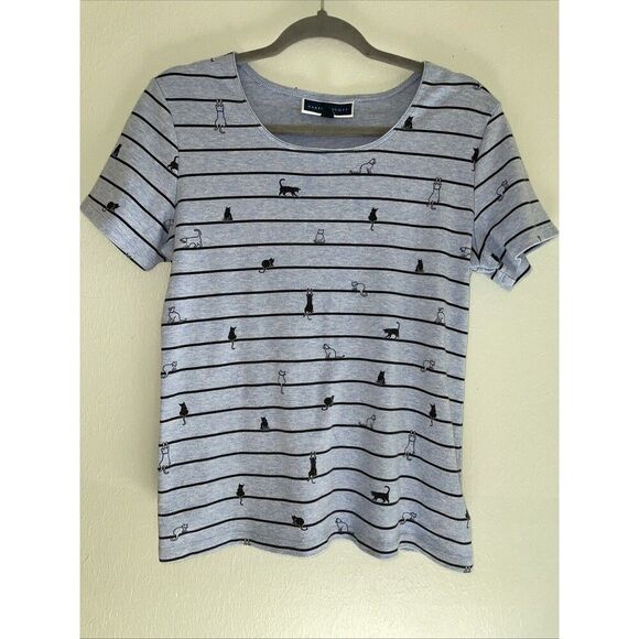 Tops - Cat Lady T Shirt All Over Print 90s Blue Striped Animals Novelty Sz medium